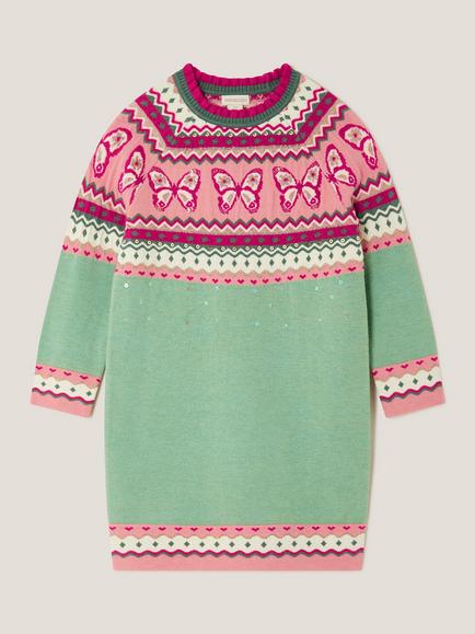 Monsoon Kids' Wool Blend Fair Isle Jumper Dress, Green - view 2, Green