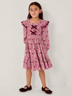 Monsoon Kids' Long Sleeved Velvet Bow Floral Dress, Pink, Pink