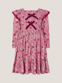Monsoon Kids' Long Sleeved Velvet Bow Floral Dress, Pink - view 2, Pink