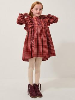 Monsoon Kids' Cotton Long Sleeved Floral Checked Dress, Brown, Brown