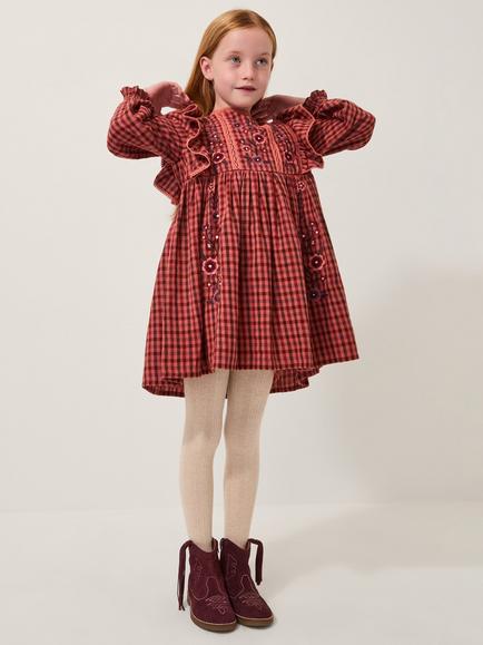 Monsoon Kids' Cotton Long Sleeved Floral Checked Dress, Brown, Brown