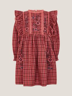 Monsoon Kids' Cotton Long Sleeved Floral Checked Dress, Brown - view 2, Brown