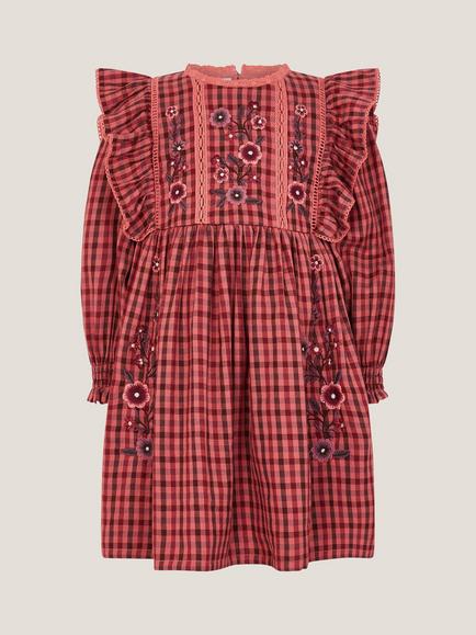 Monsoon Kids' Cotton Long Sleeved Floral Checked Dress, Brown - view 2, Brown