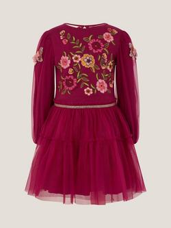 Monsoon Kids' Tulle Ruffle Disco Dress, Burgundy - view 2, Burgundy