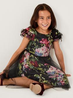 Monsoon Kids' Cap Sleeve Floral Party Dress, Black, Black