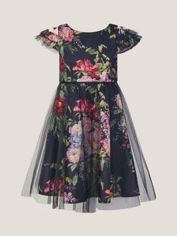 Monsoon Kids' Cap Sleeve Floral Party Dress, Black - view 2, Black