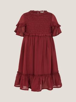 Monsoon Kids' Short Sleeved Frilly Dress, Burgundy, Burgundy