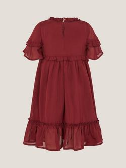 Monsoon Kids' Short Sleeved Frilly Dress, Burgundy - view 2, Burgundy