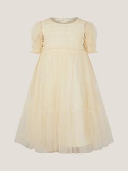 Monsoon Kids' Natalie Tulle Puff Sleeve Dress, Gold - view 2, Gold