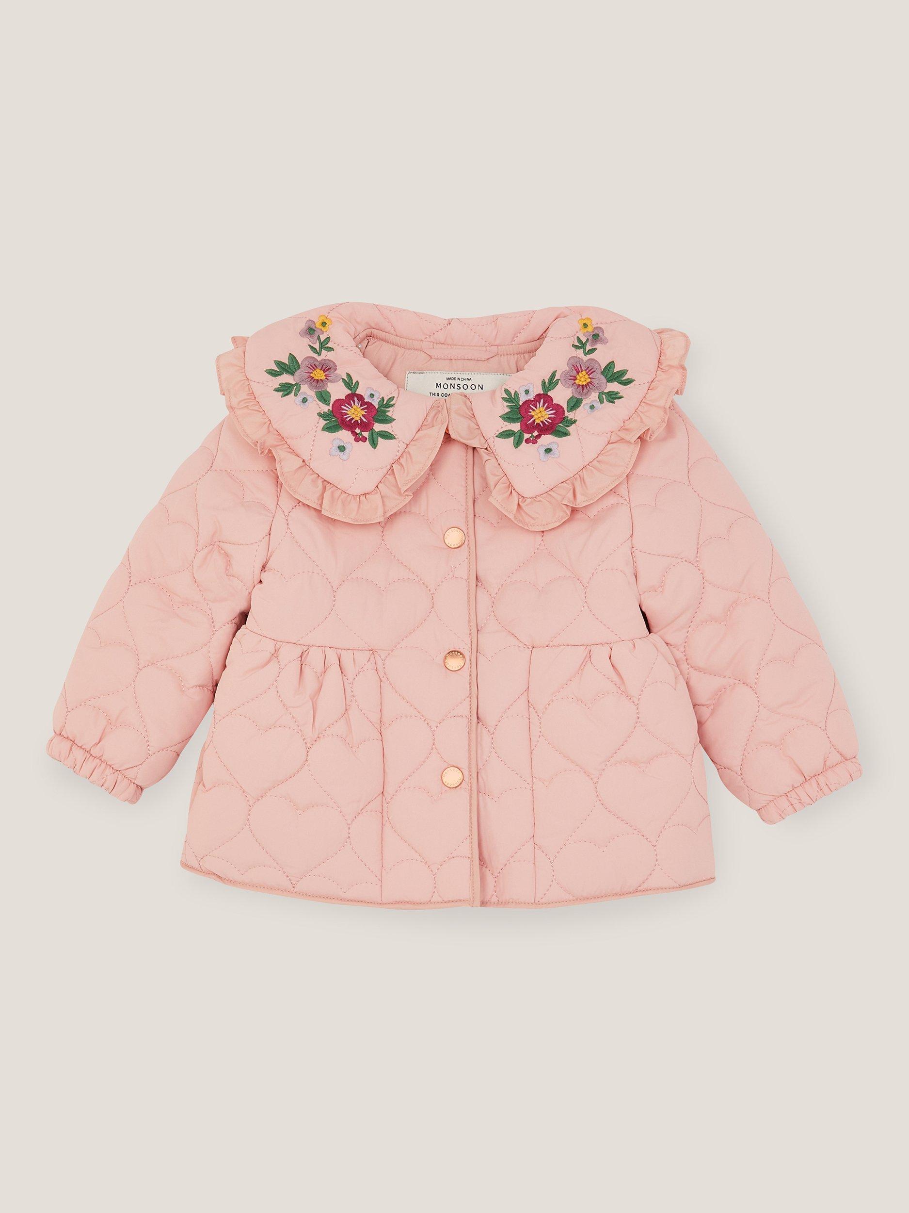 Product image 2 of 4, which shows Monsoon Baby Quilted Embroidered Peter Pan Coat, Pink, 3-6 months