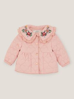 Monsoon Baby Quilted Embroidered Peter Pan Coat, Pink - view 2, Pink