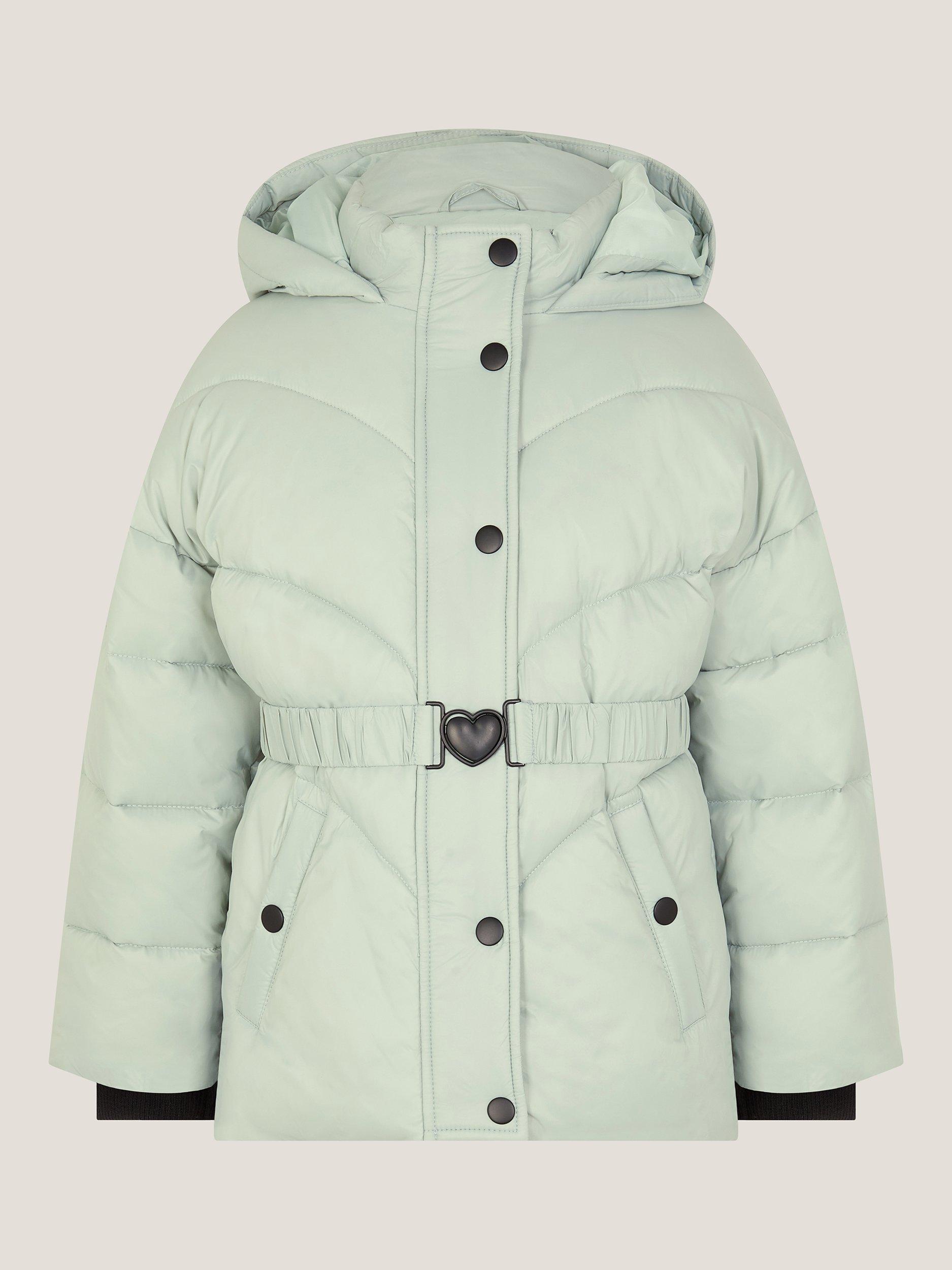 Product image 2 of 4, which shows Monsoon Kids' Belted Puffer Coat, Sage, 3-4 years