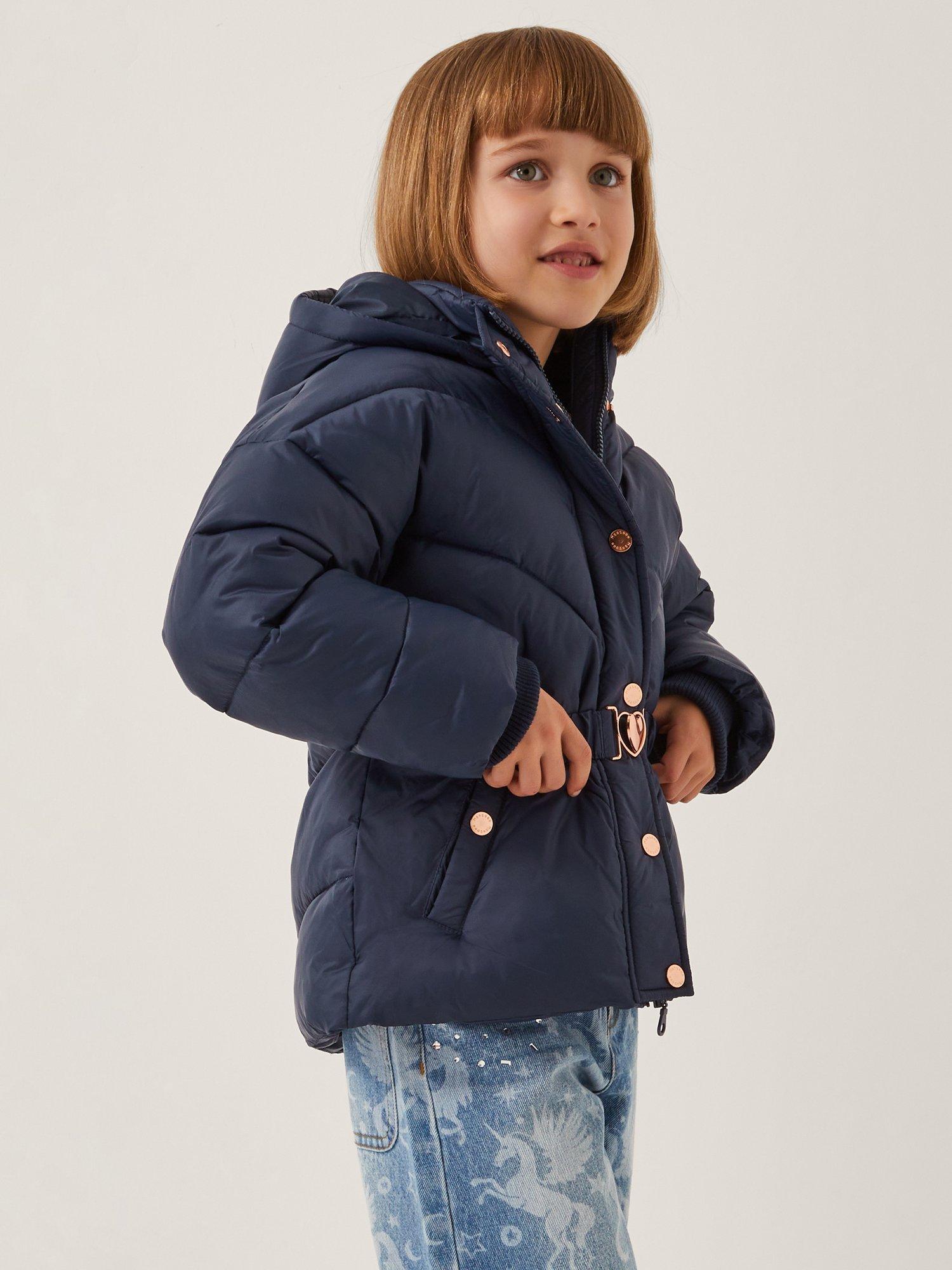 Product image 1 of 4, which shows Monsoon Kids' Belted Puffer Coat, Navy, 3-4 years