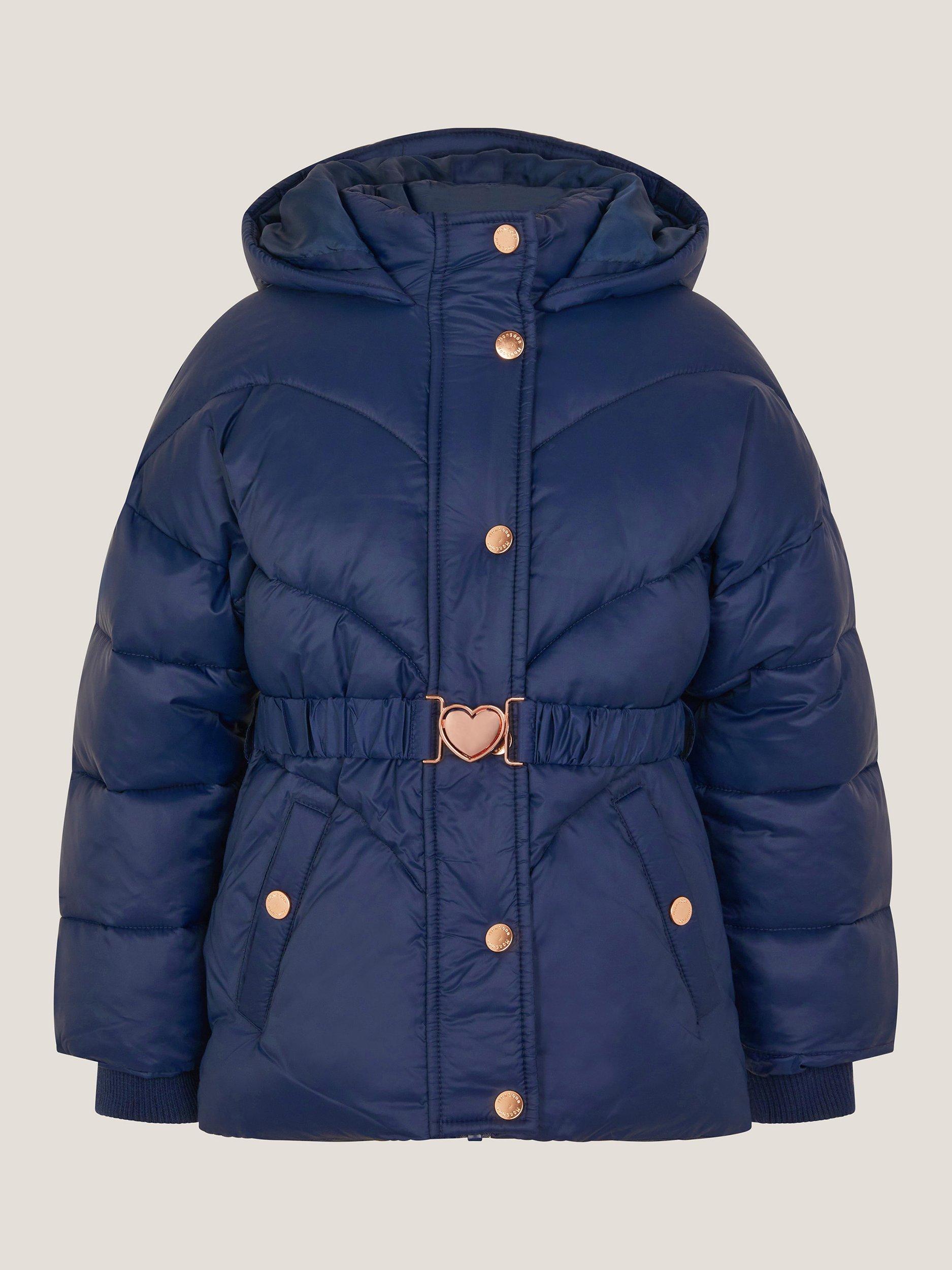 Product image 2 of 4, which shows Monsoon Kids' Belted Puffer Coat, Navy, 3-4 years