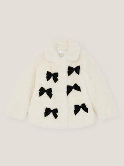 Monsoon Kids' Faux Fur Bow Embellished Coat, Cream, Cream