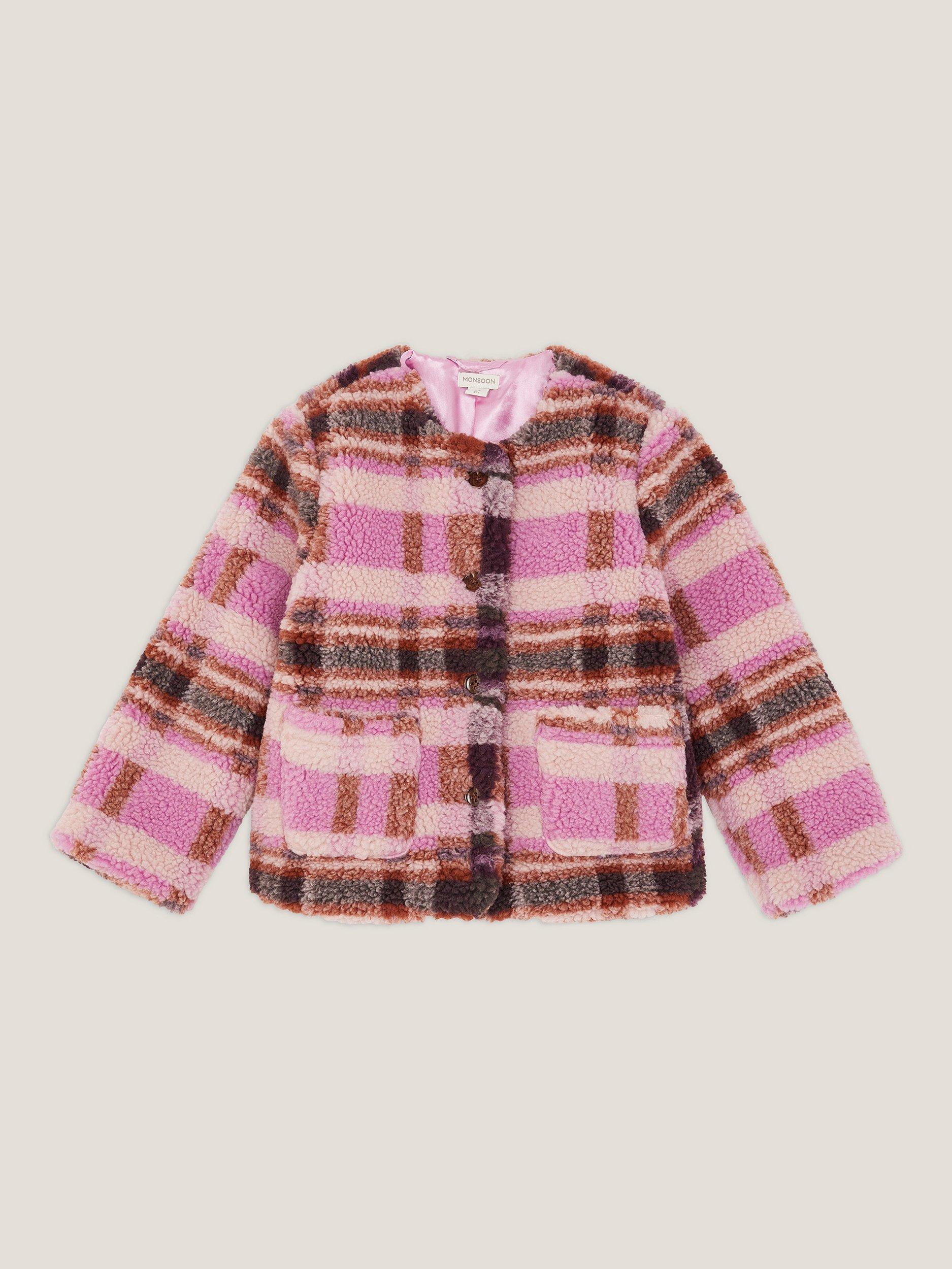Product image 2 of 4, which shows Monsoon Kids' Check Borg Jacket, Pink, 3-4 years