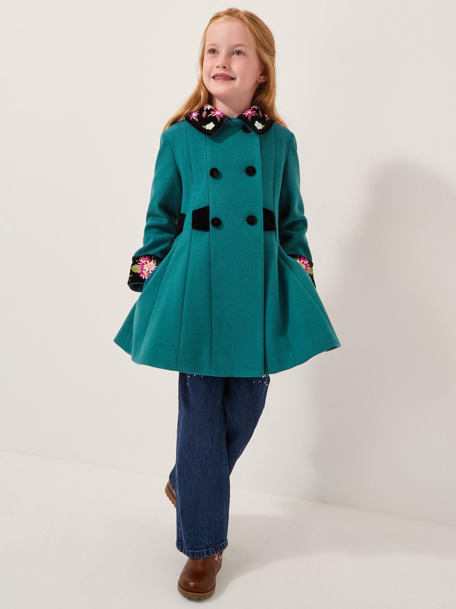 Product image 1 of 4, which shows Monsoon Kids' Double Breasted Coat, Teal, 3-4 years