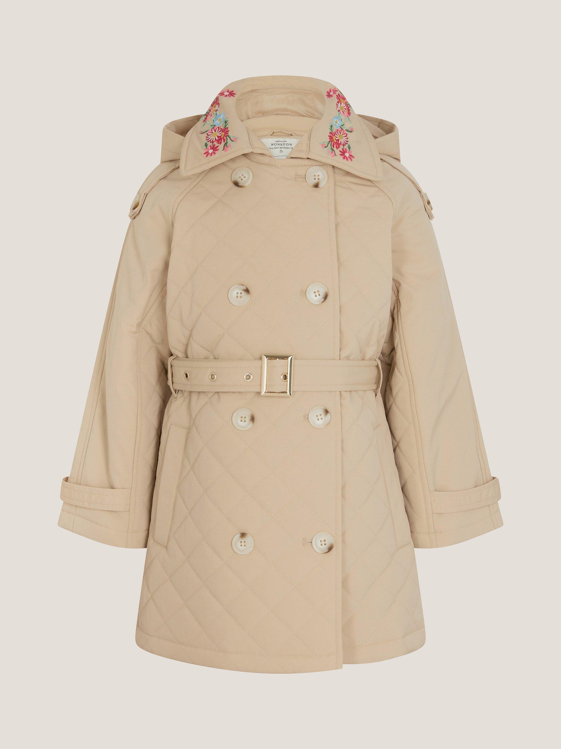 Product image 2 of 4, which shows Monsoon Kids' Embroidered Double Breasted Trench Coat, Cream, 3-4 years