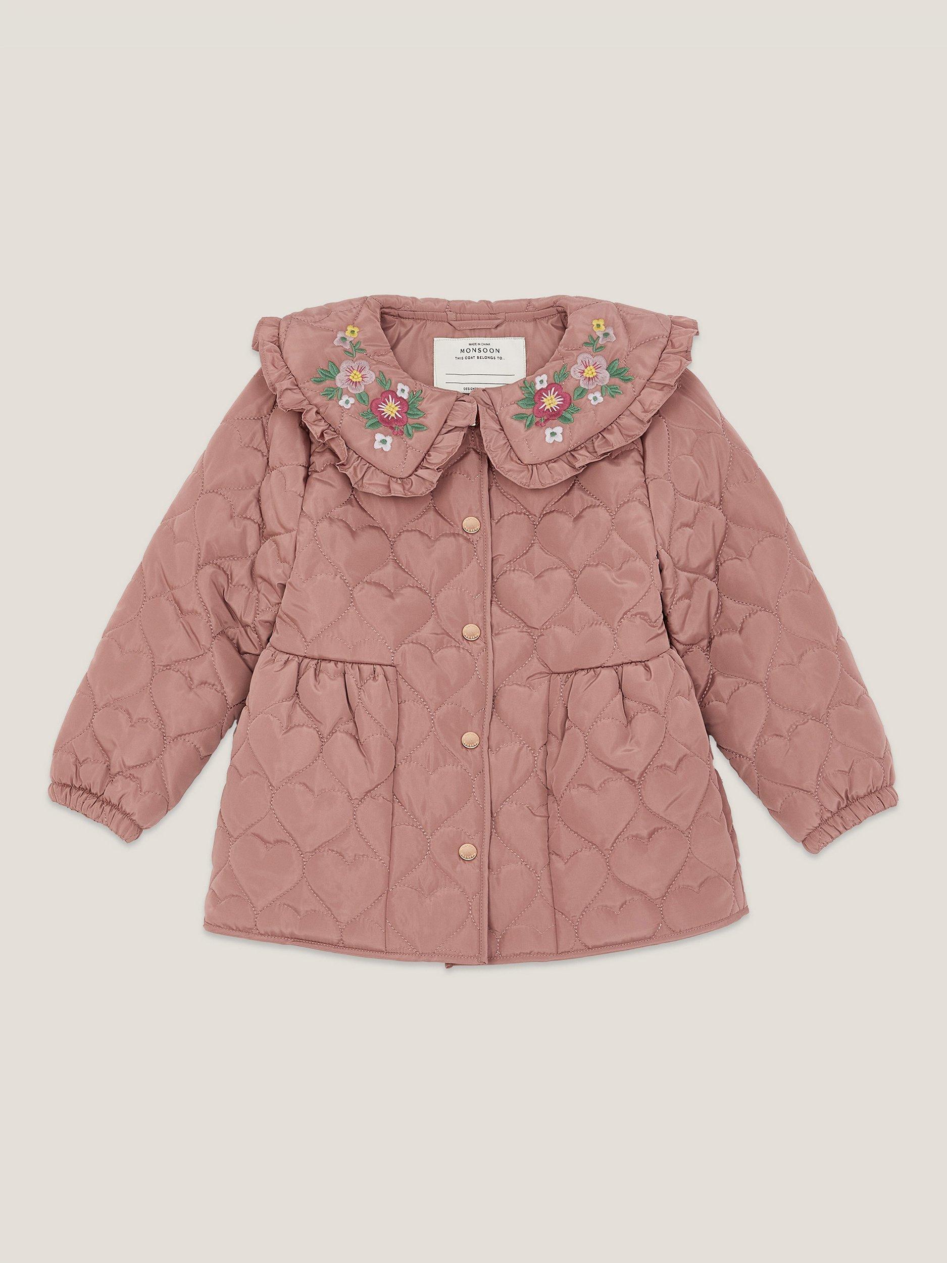 Product image 2 of 4, which shows Monsoon Kids' Embroidered Quilted Heart Coat, Pink, 3-4 years