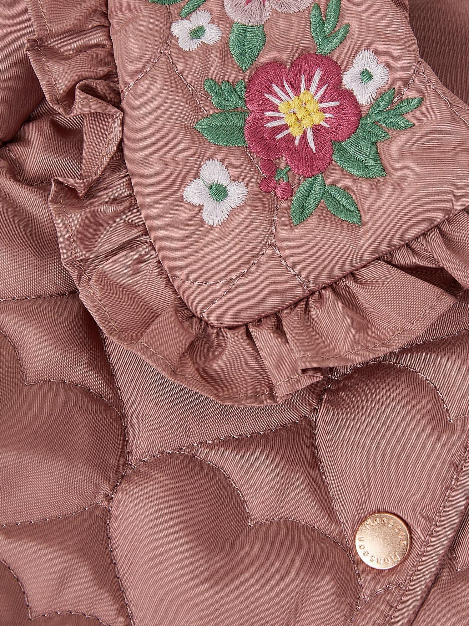 Product image 4 of 4, which shows Monsoon Kids' Embroidered Quilted Heart Coat, Pink, 3-4 years