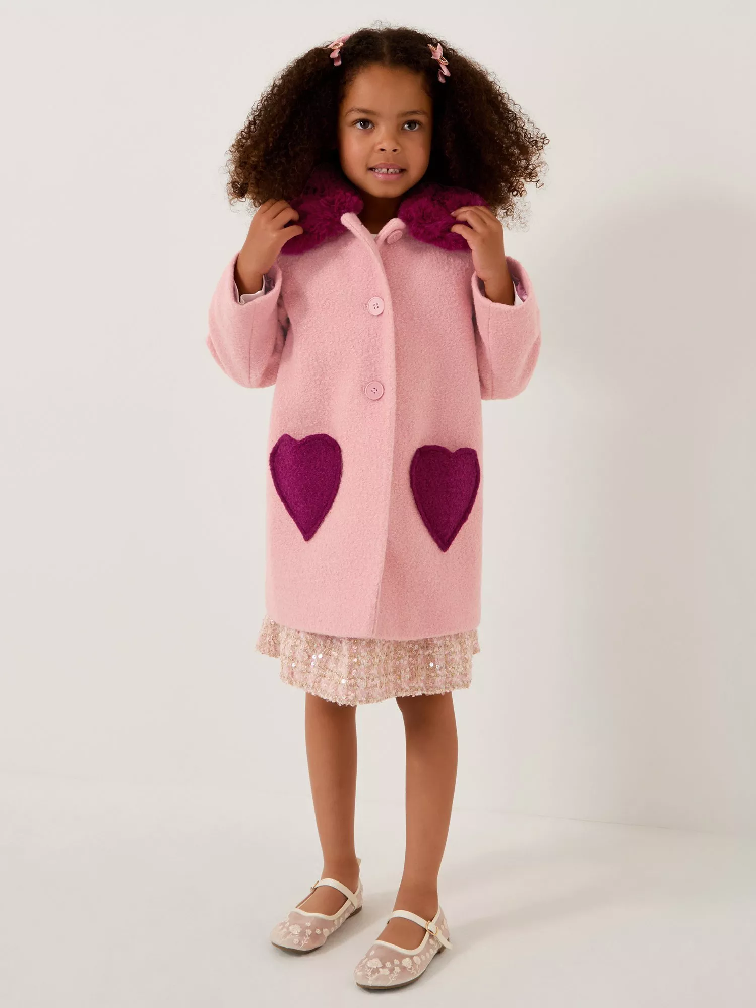 Monsoon Kids' Faux Fur Heart Coat, Pink