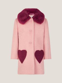 Monsoon Kids' Faux Fur Heart Coat, Pink - view 2, Pink