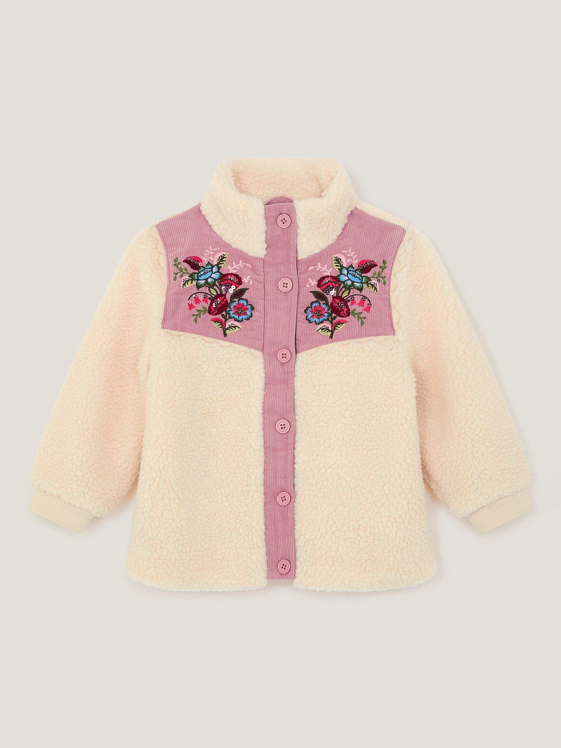 Product image 2 of 4, which shows Monsoon Kids' Floral Borg Jacket, Ivory, 2-3 years