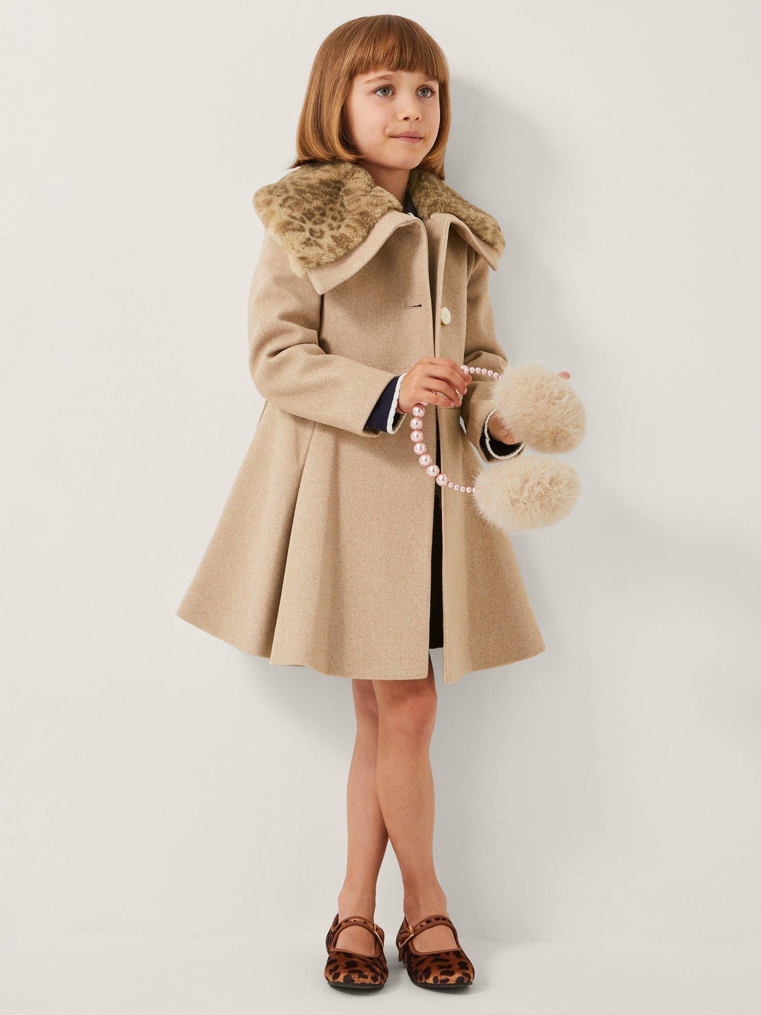 Product image 1 of 4, which shows Monsoon Kids' Leopard Collar Swing Coat, Oatmeal, 3-4 years