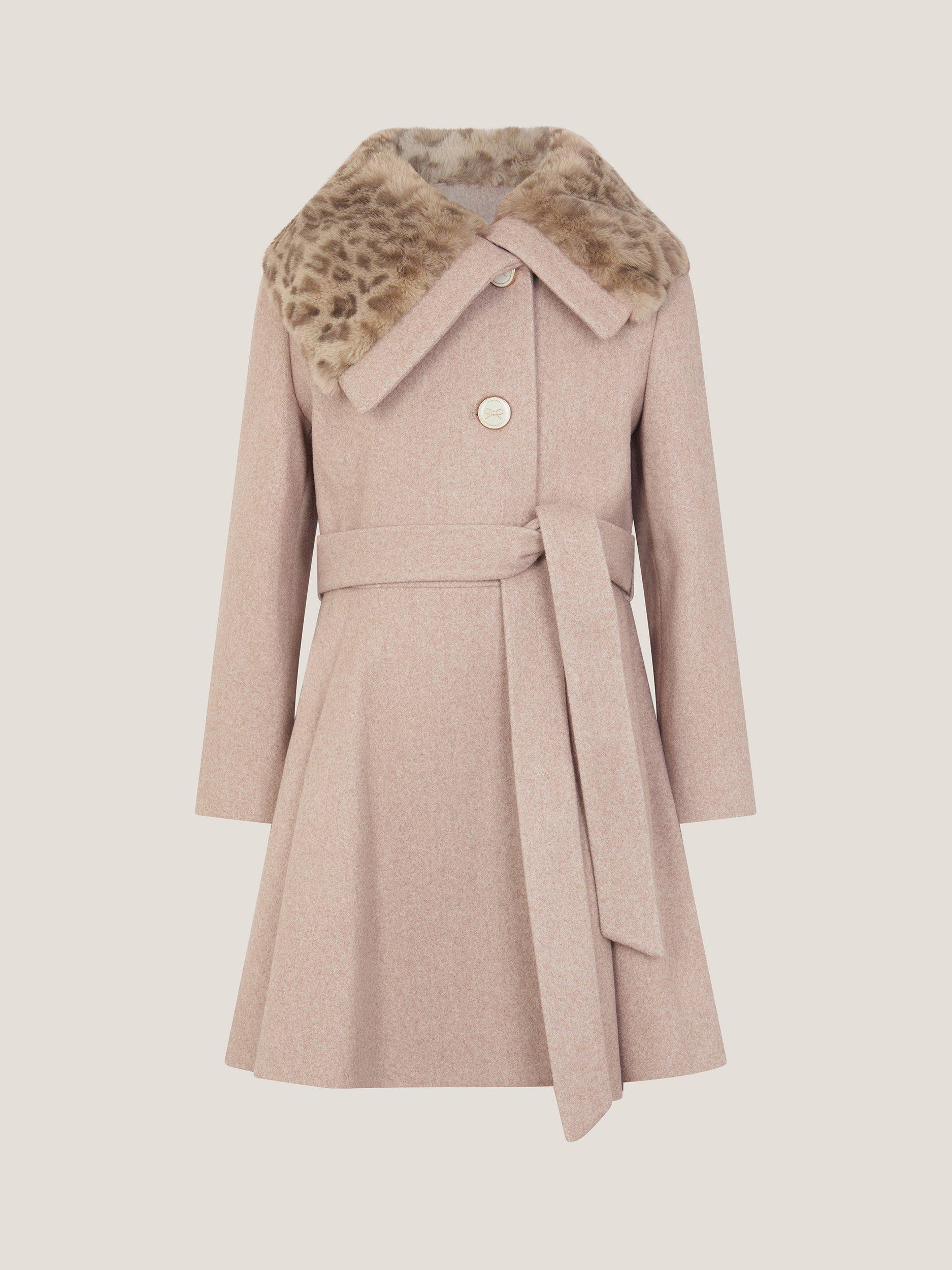 Product image 2 of 4, which shows Monsoon Kids' Leopard Collar Swing Coat, Oatmeal, 3-4 years