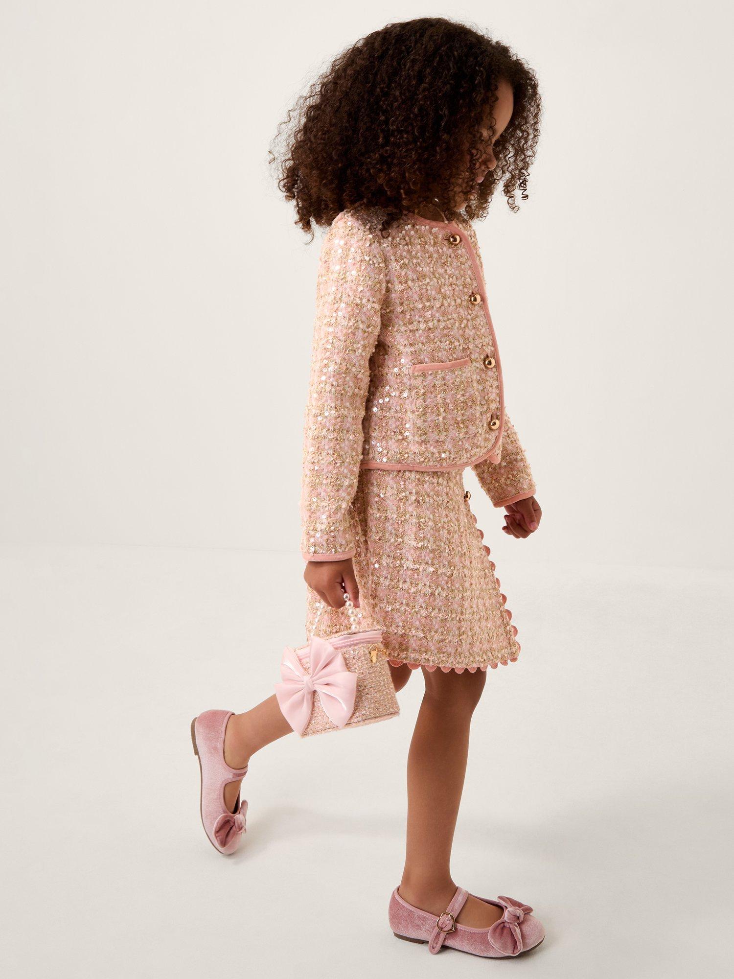 Product image 1 of 4, which shows Monsoon Kids' Tweed Button Sequin Jacket, Pink, 3-4 years