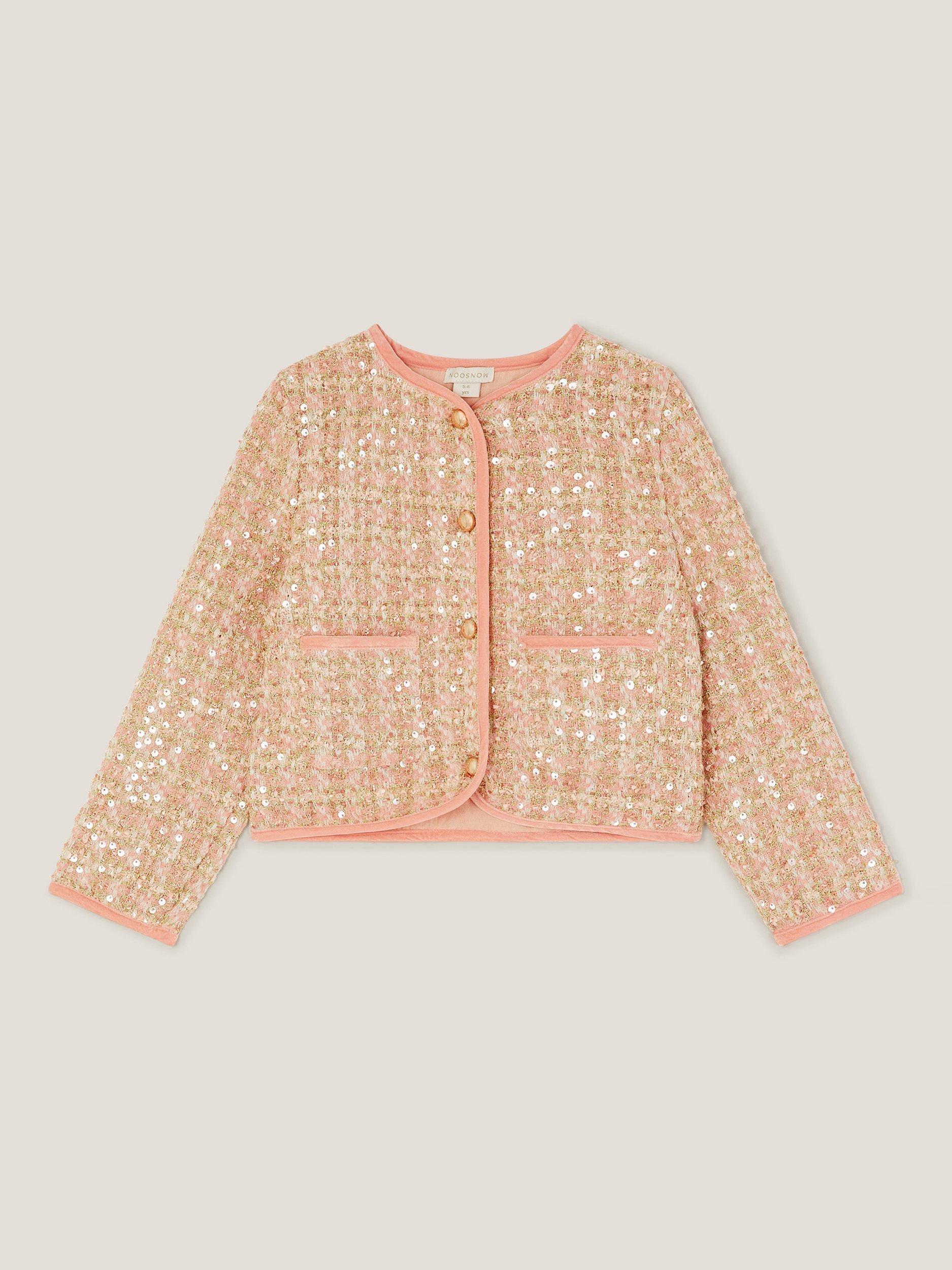 Product image 2 of 4, which shows Monsoon Kids' Tweed Button Sequin Jacket, Pink, 3-4 years