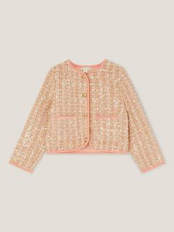 Monsoon Kids' Tweed Button Sequin Jacket, Pink - view 2, Pink