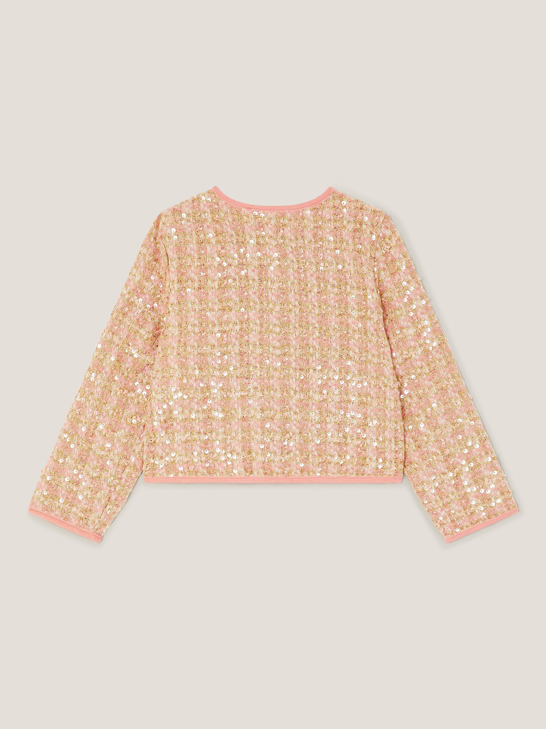 Product image 3 of 4, which shows Monsoon Kids' Tweed Button Sequin Jacket, Pink, 3-4 years