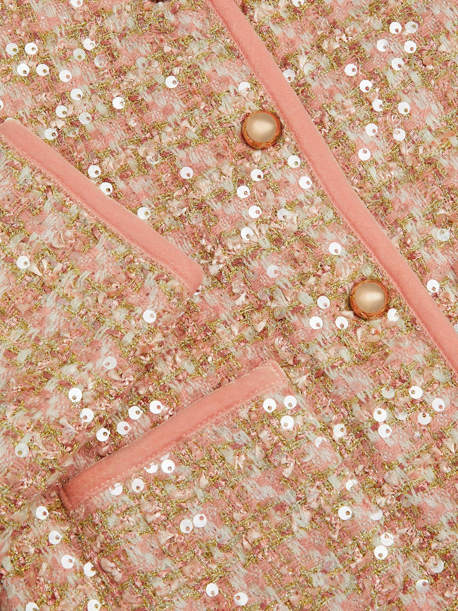 Product image 4 of 4, which shows Monsoon Kids' Tweed Button Sequin Jacket, Pink, 3-4 years