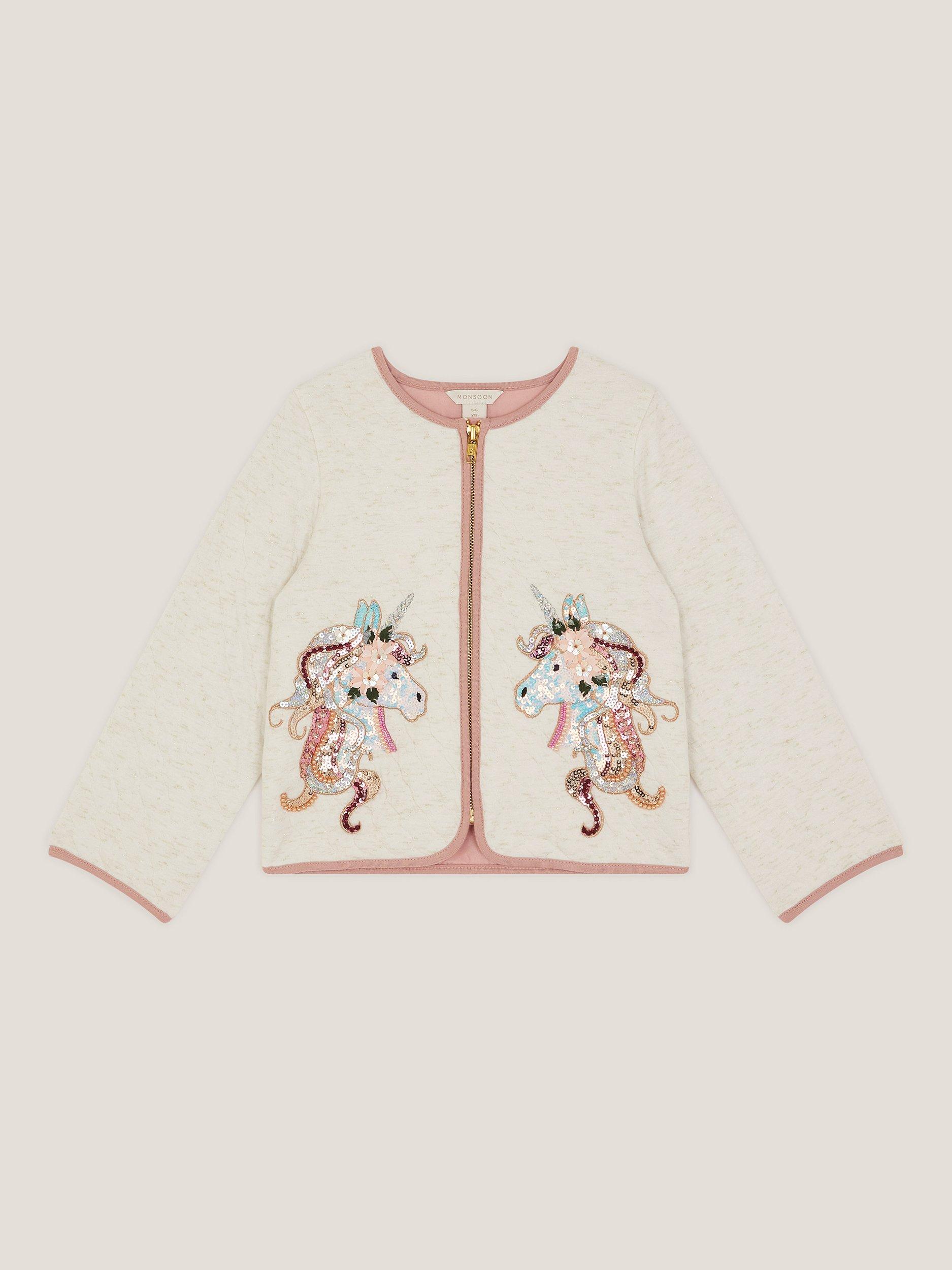 Product image 1 of 4, which shows Monsoon Kids' Unicorn Bomber Jacket, Ivory, 3-4 years