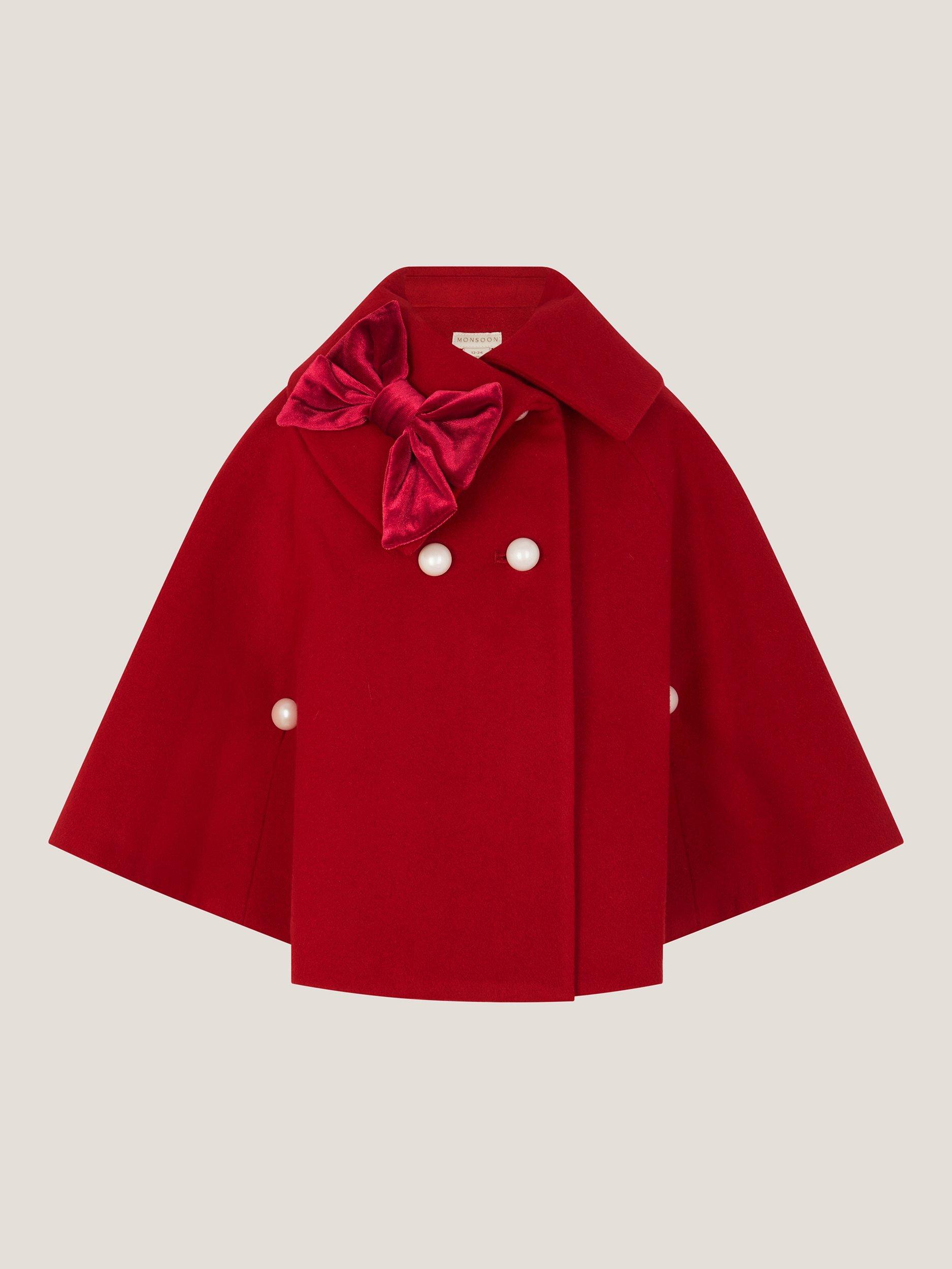 Product image 1 of 3, which shows Monsoon Kids' Velvet Bow Cape, Red, 3-4 years