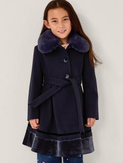 Monsoon Kids' Velvet Trim Coat, Navy, Navy