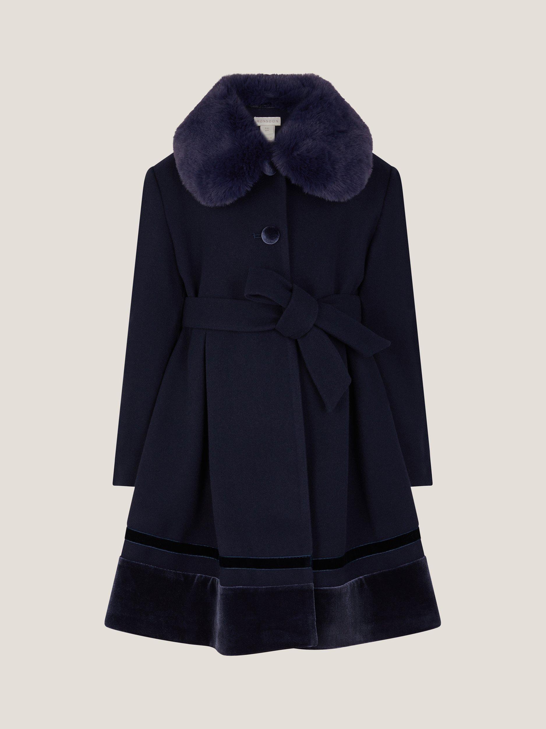 Product image 2 of 4, which shows Monsoon Kids' Velvet Trim Coat, Navy, 3-4 years