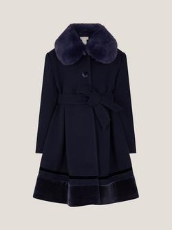 Monsoon Kids' Velvet Trim Coat, Navy - view 2, Navy