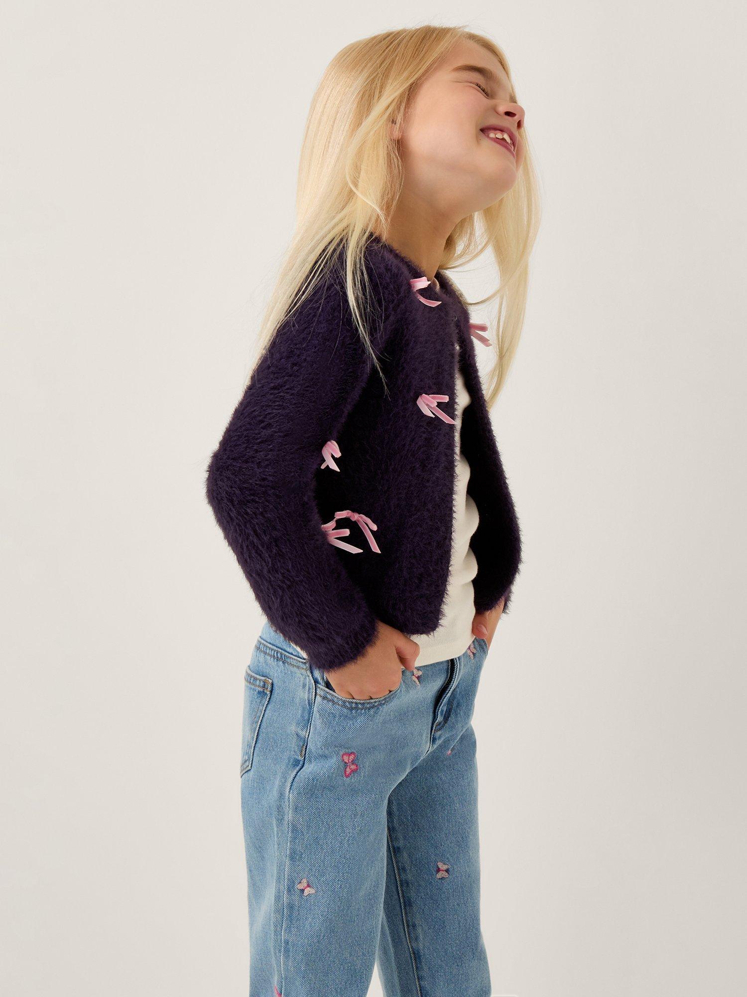 Product image 1 of 4, which shows Monsoon Kids' Fuzzy Bow Cardigan, Navy, 3-4 years