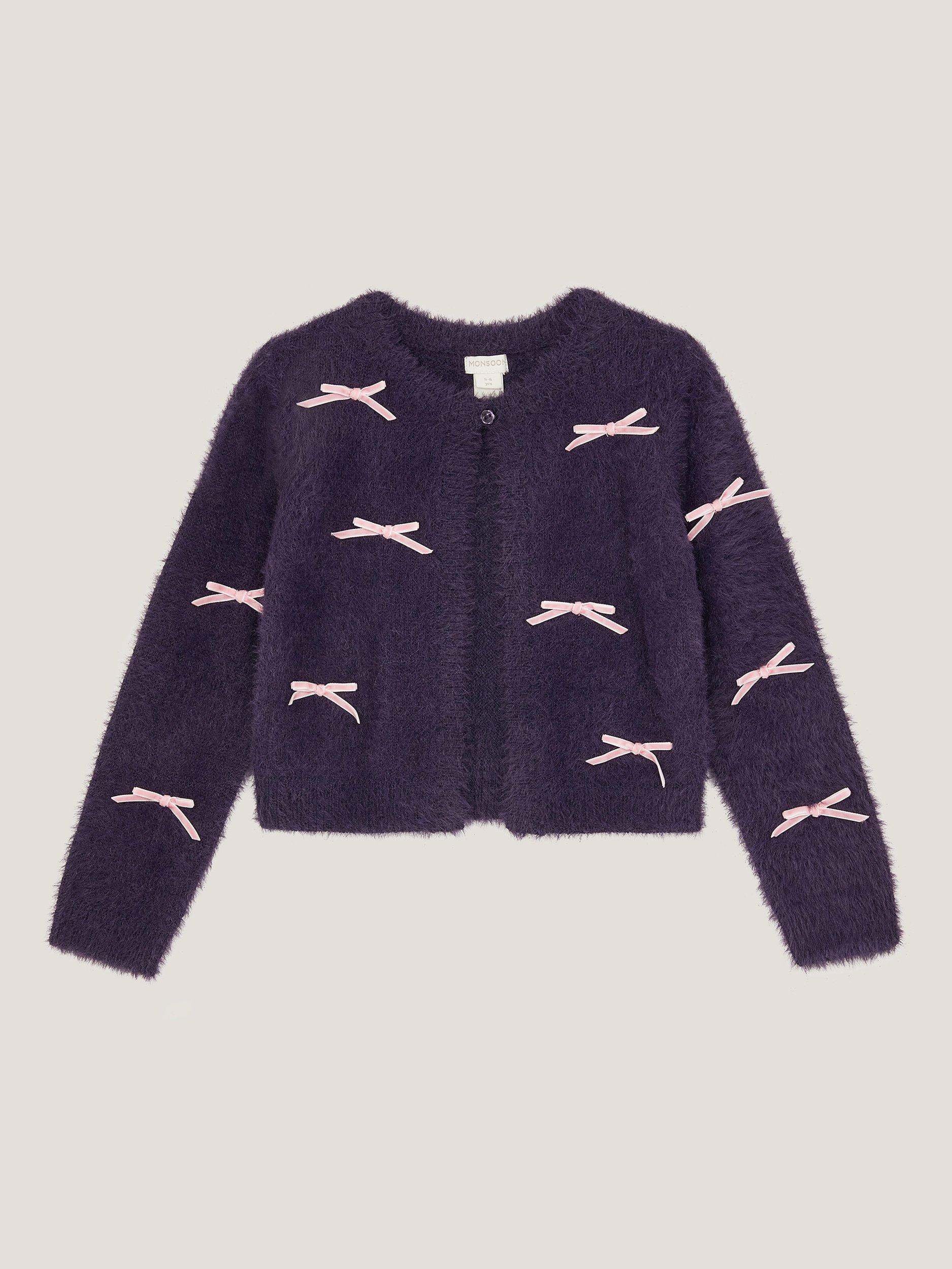 Product image 2 of 4, which shows Monsoon Kids' Fuzzy Bow Cardigan, Navy, 3-4 years