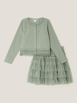 Monsoon Kids' Embellished Cardigan and Skirt Set, Sage - view 2, Sage