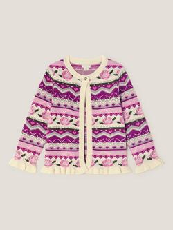 Monsoon Kids' Fair Isle Frill Cardigan, Pink - view 2, Pink