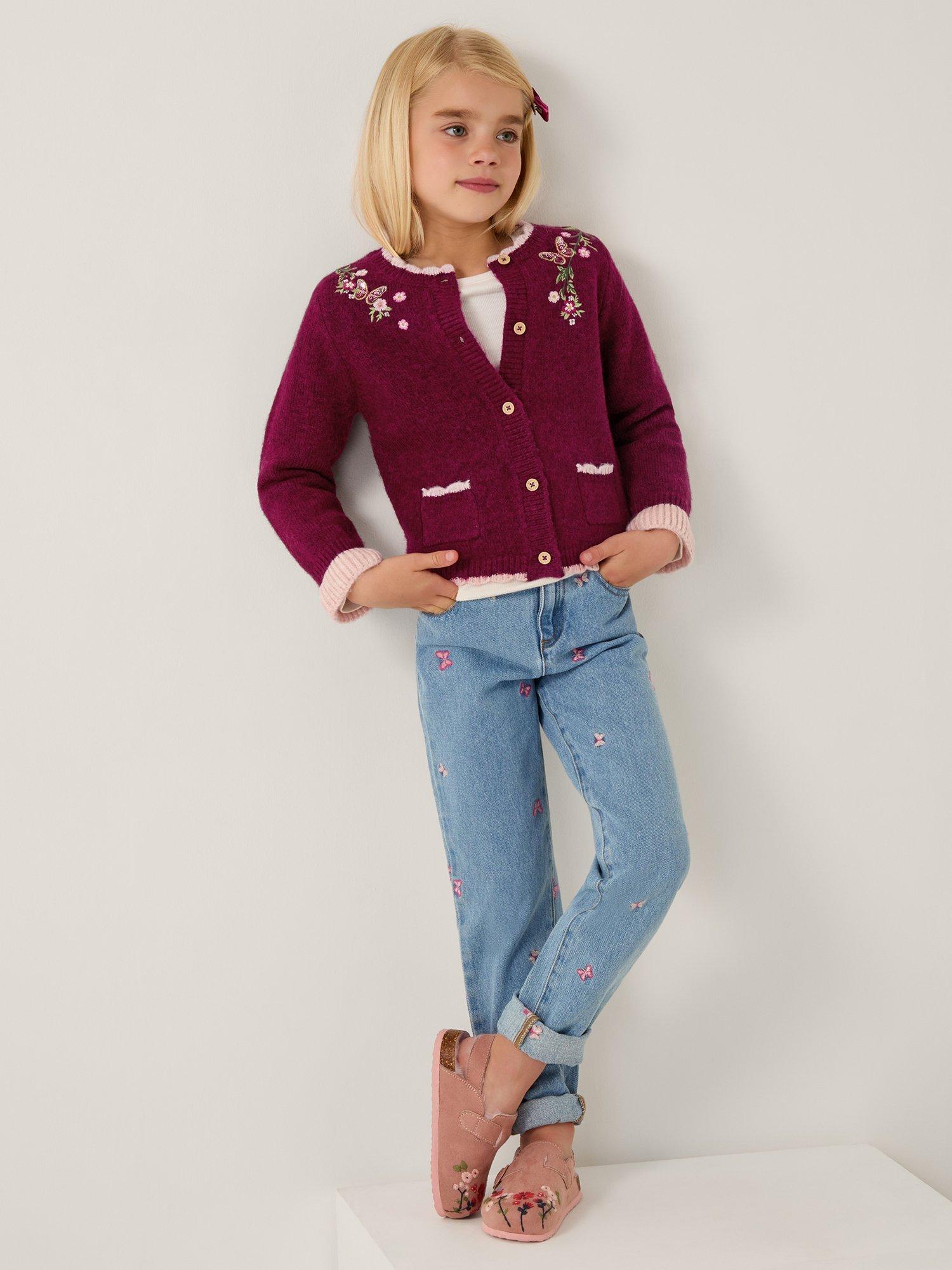 Monsoon Kids' Wool Blend Embroidered Cardigan, Burgundy