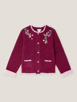 Monsoon Kids' Wool Blend Embroidered Cardigan, Burgundy - view 2, Burgundy