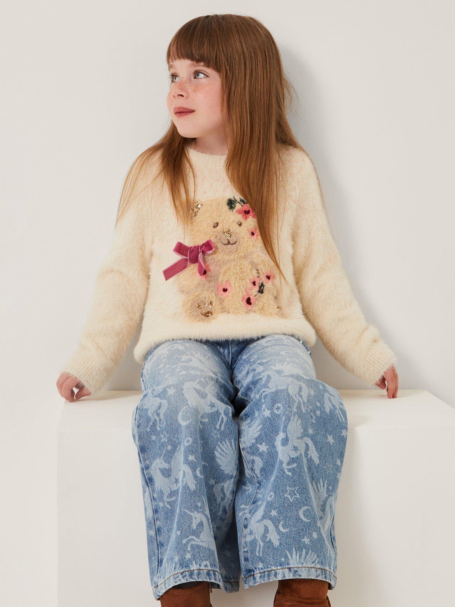 Product image 1 of 4, which shows Monsoon Kids' Fuzzy Bear Jumper, Ivory, 3-4 years