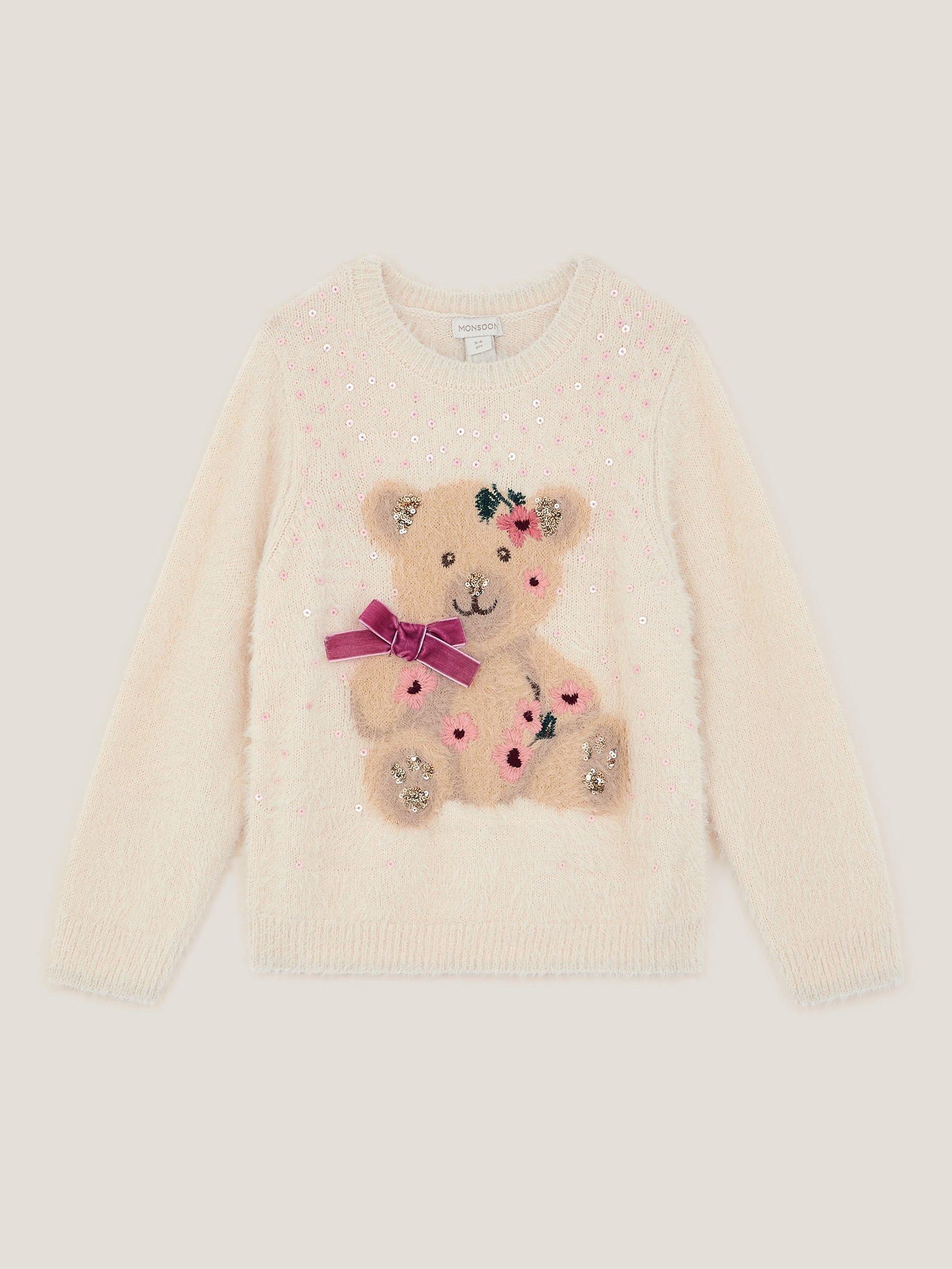 Product image 2 of 4, which shows Monsoon Kids' Fuzzy Bear Jumper, Ivory, 3-4 years