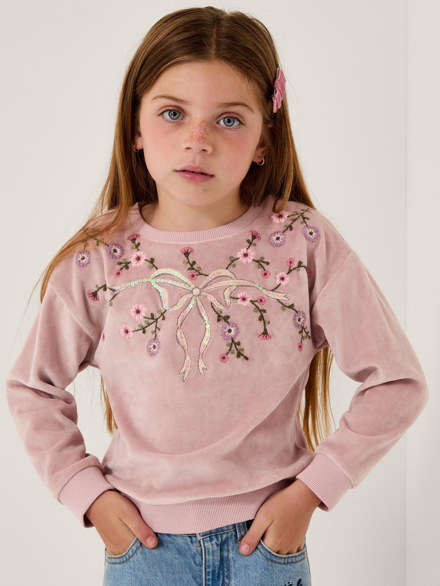 Product image 1 of 4, which shows Monsoon Kids' Velour Sequin Bow Sweatshirt, Purple, 5-6 years