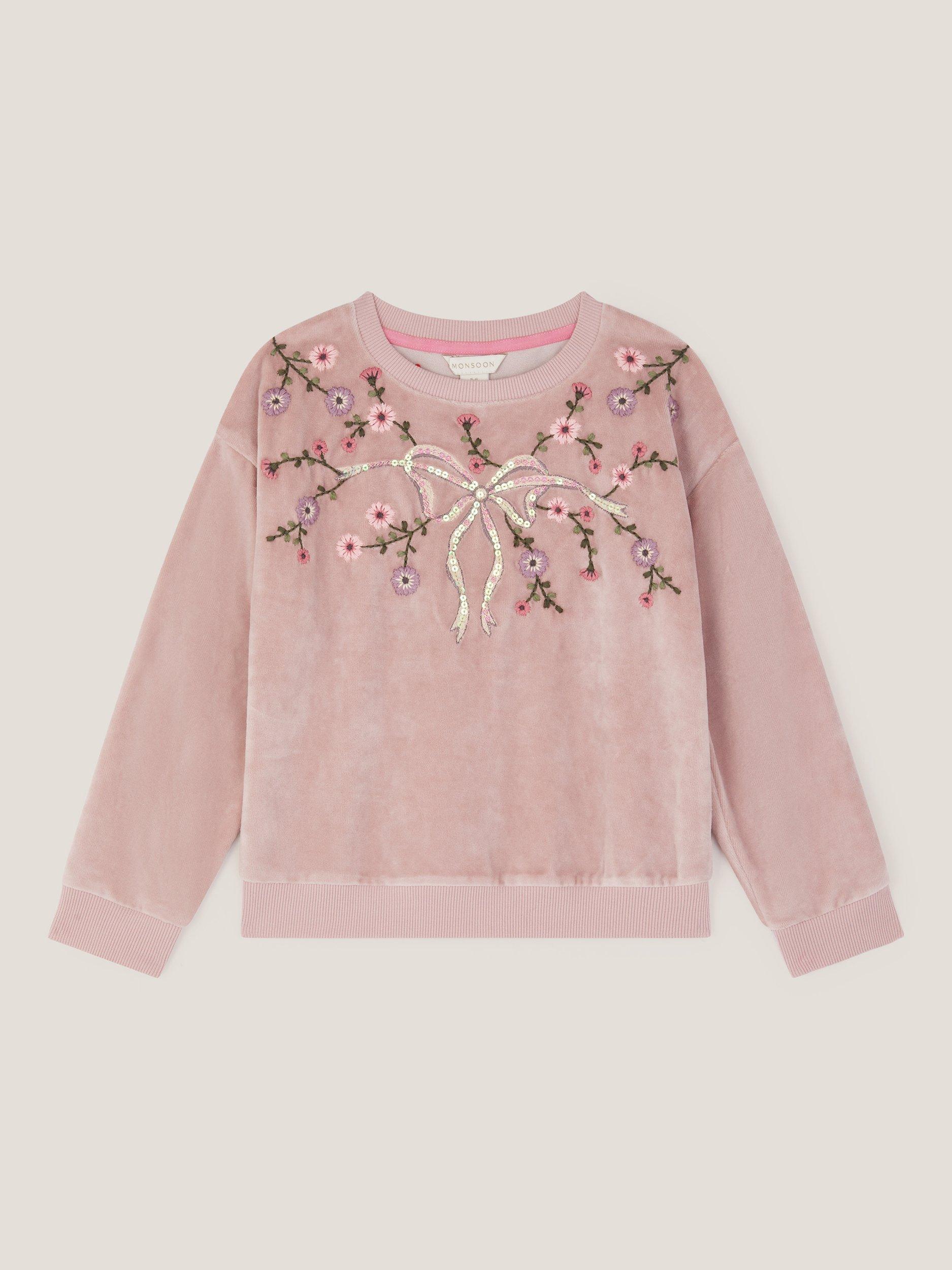 Product image 2 of 4, which shows Monsoon Kids' Velour Sequin Bow Sweatshirt, Purple, 5-6 years