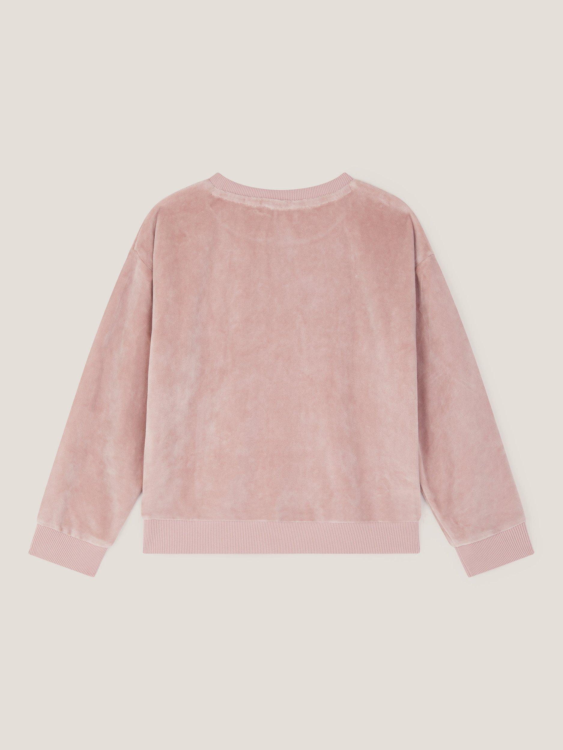 Product image 3 of 4, which shows Monsoon Kids' Velour Sequin Bow Sweatshirt, Purple, 5-6 years